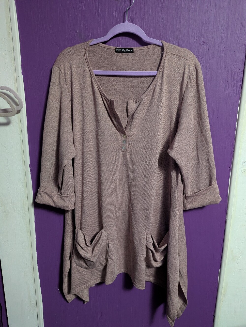 38. Kim & Cami Heathered Pink Plush Shark Hem 3/4 Sleeve Top 2X 18 20 Pockets